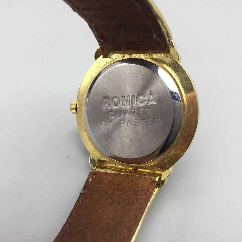 Vintage Ronica Womens Watch 31mm Gold Tone Gem Leather New Battery